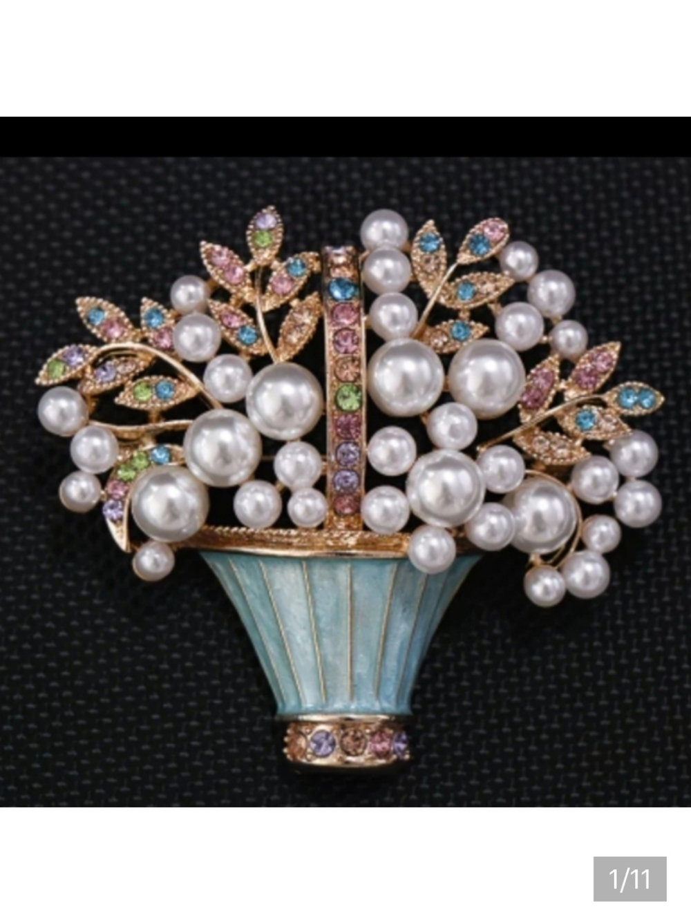 🆕️💐 PEARL & RHINESTONE FLORAL BOUQUET BASKET BROOCH PIN💐